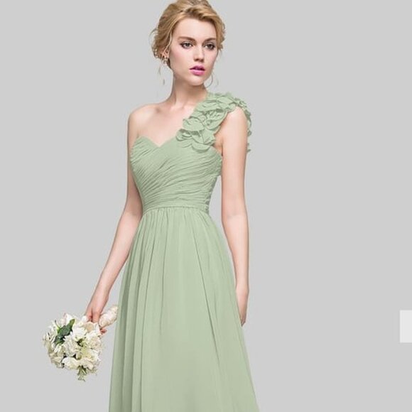 A-line One Shoulder Floor-Length Chiffon Bridesmaid Dress With 3D Floral Ruffle - Picture 1 of 3